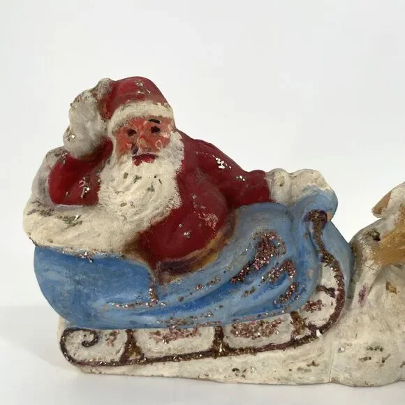 Papier Mache Santa Claus Sleigh Reindeer Christmas Pulp Paper VTG UNFINISHED 10"